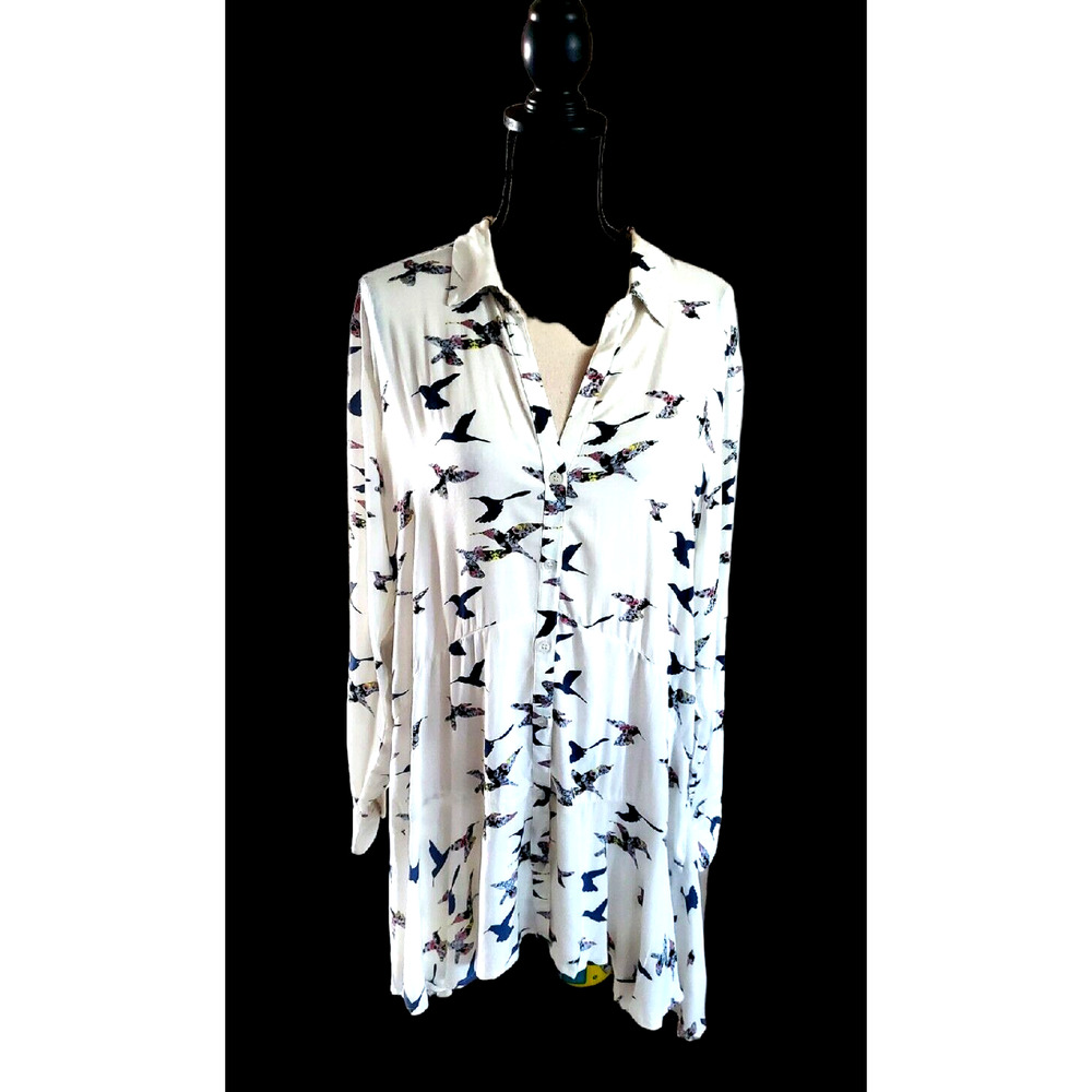 Chelsea & Theodore Bird Print Long-Sleeve Flared Ruffle Hem Button-Up Dress L